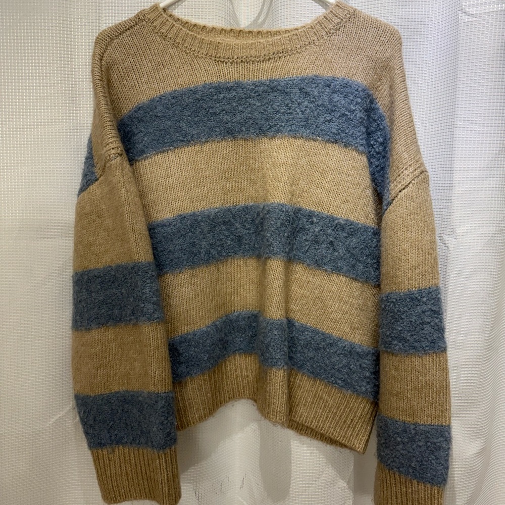 a.n.a Tan and Blue Striped Crew Neck Sweater